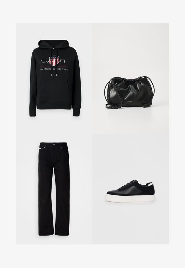 Hoodie en coton noir avec une poche avant, capuche réglable à cordon de serrage, et un logo graphique mettant en avant un écusson et du texte en rouge et gris.; Pantalons en denim noir à jambes droites avec cinq poches, rivets en argent et braguette à bouton. Le tissu a une finition lisse et légèrement texturée.; Sneaker noir avec des panneaux en cuir lisse et en daim, lacets plats, bout rond et semelle en caoutchouc blanche. Logo distinct au niveau du talon.; Sac à main en cuir noir avec un design froncé, fermeture à double cordon et bandoulière amovible. Présente un détail de logo métallique.