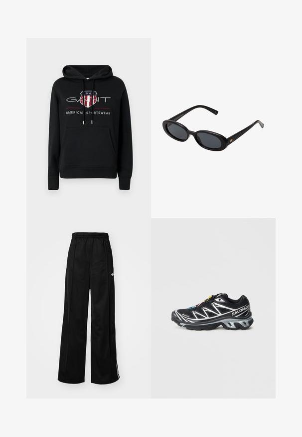 Schwarzer Baumwoll-Hoodie mit einer Kängurutasche, verstellbarem Kordelzug und einem grafischen Logo, das ein Wappen und Text in Rot und Grau zeigt.; Schwarze weiter Schnitt Jogginghose mit elastischem Bund, mit weißen Seitenstreifen und kleinem Logo auf der linken Hüfte. Glatte Stofftextur.; Schwarzer Laufschuh mit silbernen Akzenten, GORE-TEX-Material, strukturiertem Sohlenprofil und bunten Schnürsenkeln. Verfügt über eine gepolsterte Ferse für zusätzlichen Halt.; Schwarze, oversized Sonnenbrillen mit ovalen Gläsern, glattem Kunststoffrahmen und goldenen Akzenten an den Bügeln. Die dunklen Gläser bieten Sonnenschutz.; Schwarze Stofftragetasche mit einem einzigartigen V-förmigen Design und glatter Textur. Verfügt über einen kurzen Griff mit minimalistischem Hardware-Detail.