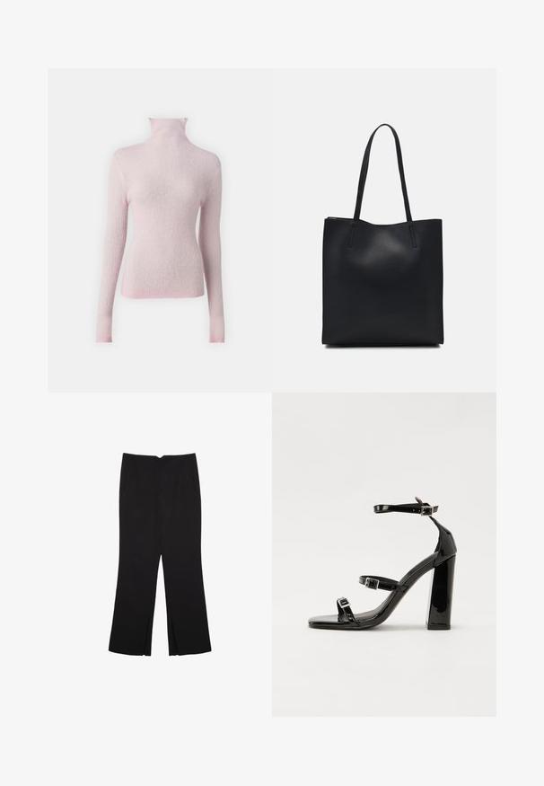 MSCH Copenhagen MSCHLYRIC - Svetrík - fairy tale; Čierne nohavice so strihom rovného strihu, s prednými vreckami a bočnými rozparkami na leme. Vyrobené z mäkkej, hladkej tkaniny. Vhodné na rôzne príležitosti.; Čierne lakované sandále na podpätku so štvorcovou špičkou, navlečenými remienkami okolo členku a striebornými prackami. Disponujú masívnym blokovým podpätkom pre stabilitu.; Čierna kožená taška na rameno s hladkým povrchom, obdĺžnikovým tvarom a dvoma dlhými uchami. Bez viditeľného kovania alebo ozdôb.
