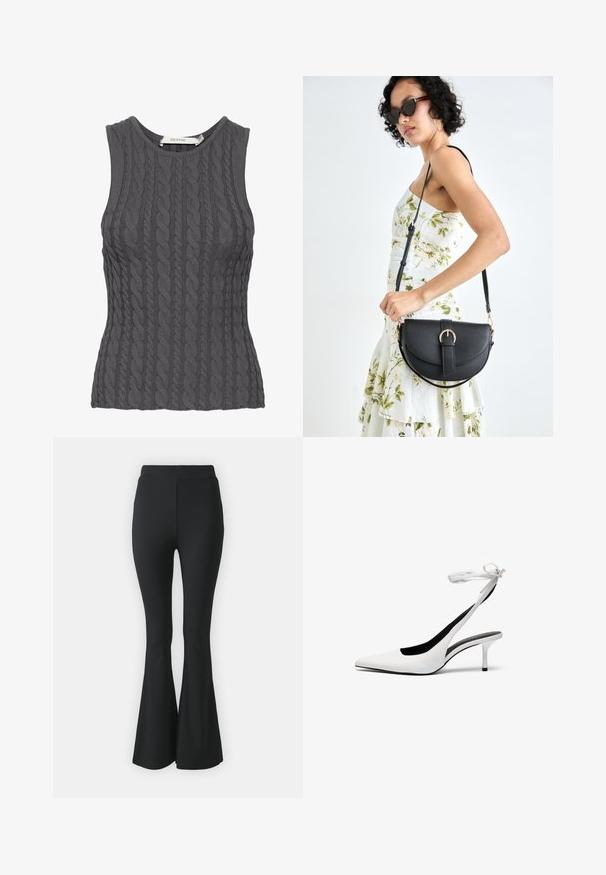 Grå ermeløs kabelstrikket topp med rund hals, som har et teksturert mønster og en tettsittende fasong. Merkets etikett synlig på innsiden.; Svarte vide bukser laget av elastisk stoff. Har høy midje og en glatt, tettsittende design som vidder ut fra kneet og nedover.; Hvite spisse slingback-hæler med tynn ankelrem. Glatt lærmateriale, tynn stiletthæl og svart innvendig foring.; Svart lærveske med en buet form, avtagbar stropp og gullbeslag. Vesken har et klaff med spenne-detall.