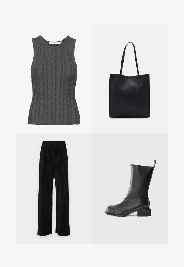 Γκρι αμάνικη μπλούζα με πλέξη καλωδίου και στρογγυλή λαιμόκοψη, με υφή και εφαρμοστή γραμμή. Ο ετικέτα της μάρκας ορατή από μέσα.; Μαύροι πλισέ παντελόνια με ελαστική μέση. Διαθέτουν φαρδιά πόδια και μαλακό, υφασμάτινο υλικό με κατακόρυφες ρίγες.; Μαύρο δερμάτινο μποτάκι μέχρι τον αστράγαλο με φαρδύ τακούνι, λεία υφή, στρογγυλή μύτη και λοξοτσαρούχλι με κίτρινο λογότυπο.; Μαύρη δερμάτινη τσάντα tote με λείο υφή, ορθογώνιο σχήμα και δύο μακριές λαβές. Χωρίς ορατό υλικό ή διακοσμητικά στοιχεία.