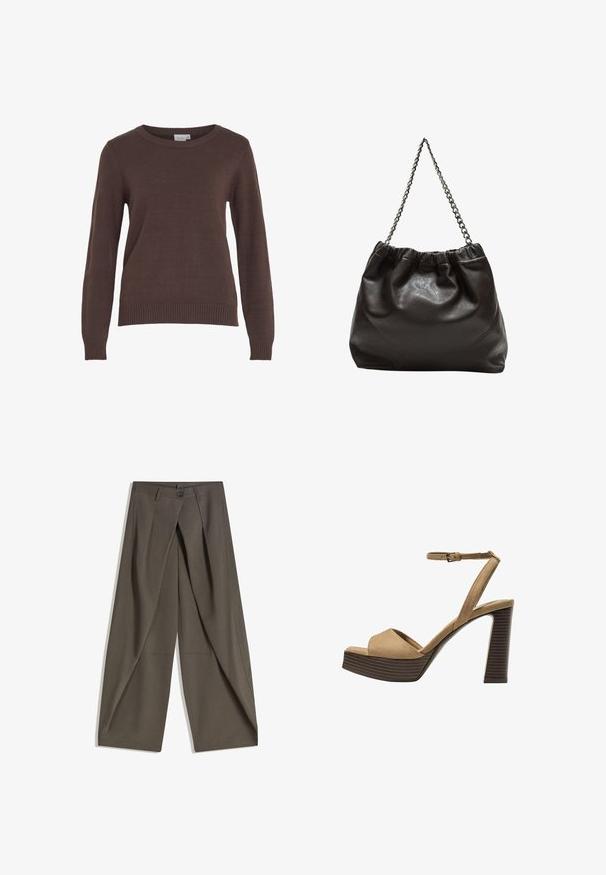 VILA VIRIL O-NECK - Pulover - coffee bean; Široke hlače iz teksturiranega temno sive tkanine. Imajo sprednji zarezan, gumb za zapiranje in stranske žepe za praktičnost.; Bež semiš sandali na visoki peti z širokim sprednjim trakom in trakom okoli gležnja, opremljeni z debelim lesenim blokom peto z teksturirano površino.; Rjava usnjena torba z nabranim vrhom in verižnim trakom. Gladka tekstura z sijajno površino in subtilnimi šivi na straneh.