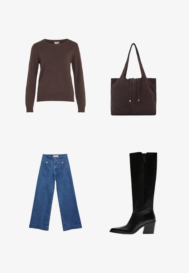 VILA VIRIL O-NECK - Stickad tröja - coffee bean; Jeans med vida ben i denim med en mellanblå tvätt, två framfickor med knäppningar och sydda detaljer längs fållarna.; Svarta knästövlar i släthet läder, med spetsig tå, blockklack och ett V-format urtag högst upp.; Mango Shoppingväska - dark brown