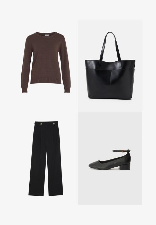 VILA VIRIL O-NECK - Pulóver - coffee bean; Fekete, bő szárú nadrág magas derékkal, gombos részletekkel a derékrészen és elülső pliszékkal.; Fekete bőr magassarkú cipő hegyes orral és alacsony tömb sarkal. Bokapánttal rendelkezik, aranyszínű csattal. Simább textúra.; Fekete bőr bevásárlótáska két hosszú fogantyúval, sima felülettel és strukturált formával. Elülső zseb található rajta a plusz tárolás érdekében.