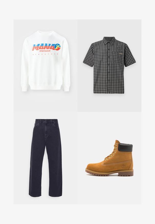 Felpa bianca con design grafico rosso e blu. Presenta il testo "SPORTSWEAR" e un'icona circolare di una figura in corsa. Vestibilità classica, maniche lunghe.; Camicia a maniche corte in motivo plaid bianco e nero, con colletto button-down, taschino frontale e una piccola etichetta sul petto.; Jeans in denim scuro con una silhouette a gamba larga, vita alta e design a cinque tasche. Presentano una classica chiusura con bottone e zip.; Stivale alla caviglia in suede tan con collare imbottito nero, occhielli in metallo dorato, dettagli in cucitura bianca e suola in gomma robusta con battistrada pronunciato.