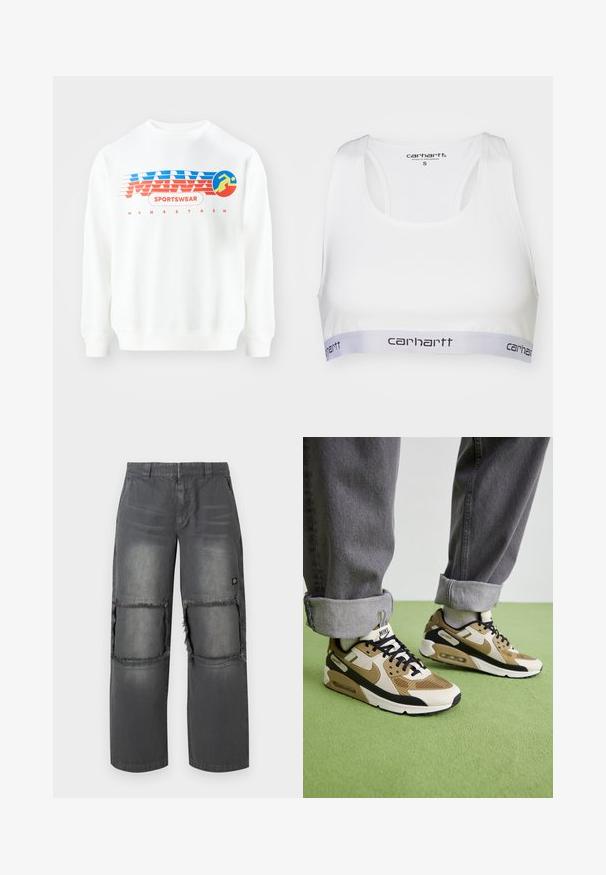 Balts džemperis ar sarkano un zilo grafisko dizainu. Satur tekstu "SPORTA APĢĒRBS" un apļa simbolu ar skrienošas figūras attēlu. Klasiska piegriezne, garas piedurknes.; Balts sporta krūšturis ar gludu audumu, sacensību aizmugures dizainu un pelēku elastīgu joslu, kurā melnā krāsā ir Carhartt logo. Izmērs mazs.; Pelēki džinsu bikses ar brīvu piegriezumu, kurās ir izsistu ceļu ielāpi, kontrastējoša izšūšana un neliela logo sānos.; Nike Air Max 90 kedas bēšā un melnā krāsā, ar sieta un ādas materiāliem, redzamu amortizāciju un melnām auklām.