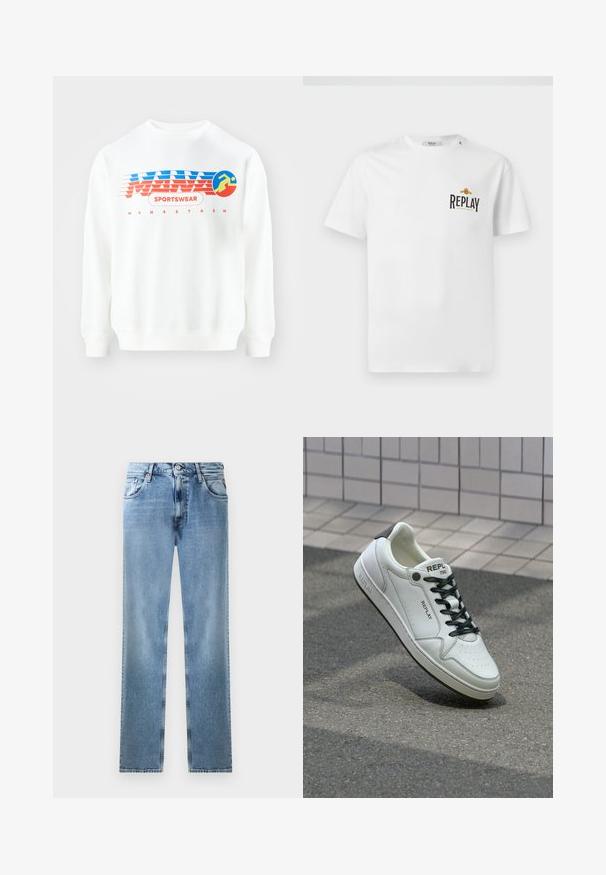 Felpa bianca con design grafico rosso e blu. Presenta il testo "SPORTSWEAR" e un'icona circolare di una figura in corsa. Vestibilità classica, maniche lunghe.; T-shirt di cotone bianco a maniche corte, con logo "REPLAY GRAND HOTEL" in nero e oro sul lato sinistro del petto. Design semplice, vestibilità regolare.; Jeans in denim azzurro chiaro a gamba dritta con tasche, rivetti in rame e chiusura a bottone. Presentano un design sbiadito e un orlo pulito.; Sneaker in pelle bianca con punta perforata, lacci neri e accentuazione sul tallone. Presenta il marchio "REPLAY" e una suola in gomma solida.