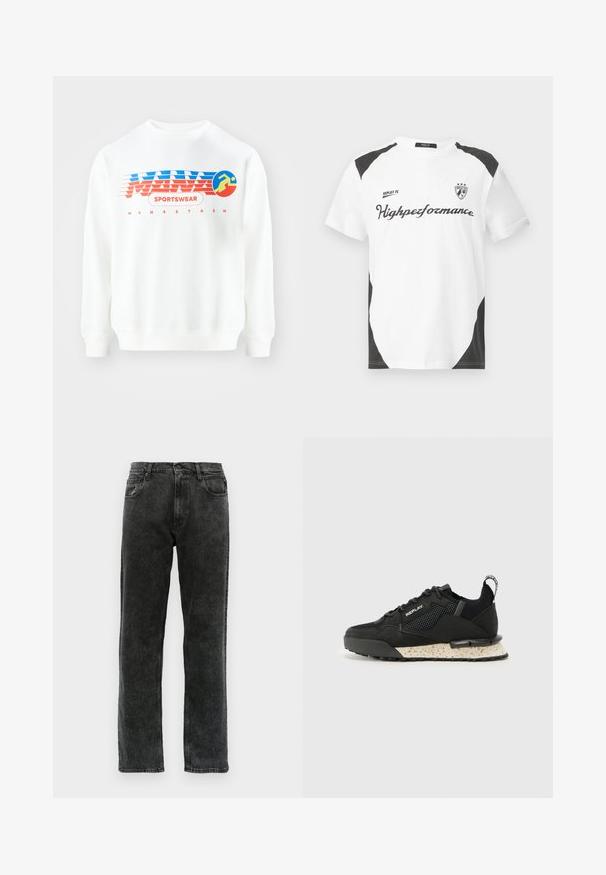 Bela dukserica s grafikonom v rdeči in modri barvi. Vsebuje besedilo "SPORTSWEAR" in krožno ikono tekača. Klasičen kroj, dolgi rokavi.; Bela kratka majica s kratkimi rokavi z črnimi detajli. Vsebuje logo "REPLAY FC" in besedilo "Highperformance" v športnem fontu. Narejena je iz gladkega materiala.; Črne kavbojke iz denima s ravnim krojem, ki vključujejo pet žepov, z gumbom za zapiranje in rahlim bledenjem na tkanini.; Replay FIELD MELT 25 - Športni copati - black