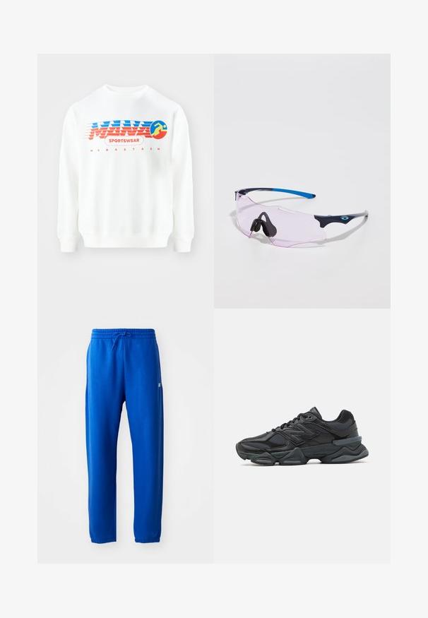 Witte sweatshirt met een rood en blauw grafisch ontwerp. Bevindt zich de tekst "SPORTSWEAR" en een cirkelicoon van een hardlopend figuur. Klassieke pasvorm, lange mouwen.; Blauwe joggingbroek van zacht materiaal, met een elastische tailleband en trekkoord, taps toelopende pijpen en een klein logo detail aan de zijkant.; Zwarte hardloopschoen met een mix van mesh en synthetische materialen, een stevige zool, gebogen ontwerp en prominente branding op de zijkant.; Sportzonnebril met een transparante roze lens. Voorzien van donkerblauwe en lichtgrijze monturen. Verstelbare neuspads verhogen het comfort.