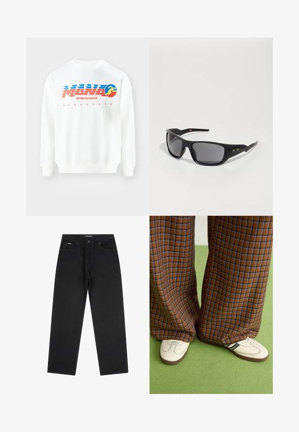 Weißes Sweatshirt mit rot-blauer grafischer Gestaltung. Beinhaltet den Text "SPORTSWEAR" und ein kreisförmiges Icon einer laufenden Figur. Klassische Passform, lange Ärmel.; Schwarze gerade geschnittene Jeans mit vorderem Knopf und Reißverschluss, Gürtelschlaufen und Fünf-Taschen-Design, auf einem weißen Hintergrund flach ausgelegt.; Braun und blaue Karohosen mit weitem Bein, kombiniert mit weißen Schuhen mit schwarzen Akzenten und strukturierten Sohlen, vor einem grünen Hintergrund.; Schwarze Sonnenbrille mit rechteckiger Form, aus robustem Kunststoff gefertigt, mit grauen getönten Gläsern und einem goldenen Akzent an der Seite.