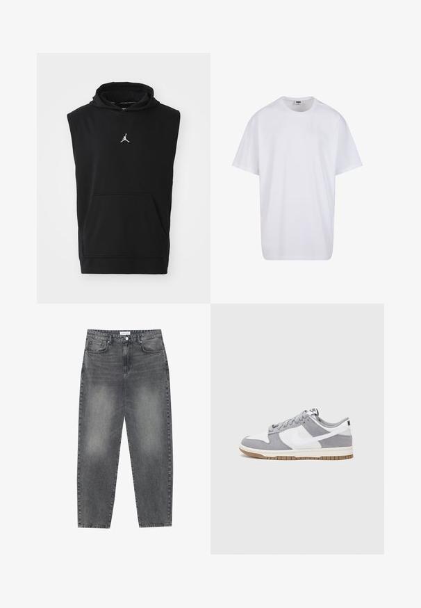 Crna bezrukavna dukserica napravljena od mješavine pamuka, s prednjim kengur-džepom i bijelim Jordan logotipom na prsima.; Bijela pamučna majica s kratkim rukavima, zaobljenim izrezom, opuštenog kroja, bez vidljivih logotipa ili uzoraka. Glatka tekstura i minimalni dizajn.; Traperice visokog struka, širokog kroja u izblijedjelom crnom denimu. Imaju pet džepova, petlje za remen, i čist, ravni kroj nogu.; Sivi i bijeli tenisice s gornjištem od antilopa i kože, okruglim vrhom, ravnim vezicama i gumenim potplatom s dodatkom boje gume.