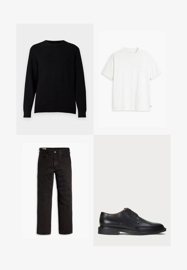 Black ribbed knit sweater with a crew neck and long sleeves. No prominent patterns or accents. Fabric appears soft and textured.; White cotton t-shirt with short sleeves, crew neck, and subtle Levi's logo printed in the center. Soft texture and standard fit.; Black straight-leg denim jeans with five pockets, button closure, and belt loops, laid flat on a white background.; Black leather dress shoe with a round toe, lace-up design, and a low stacked heel. Smooth texture with minimal stitching details.