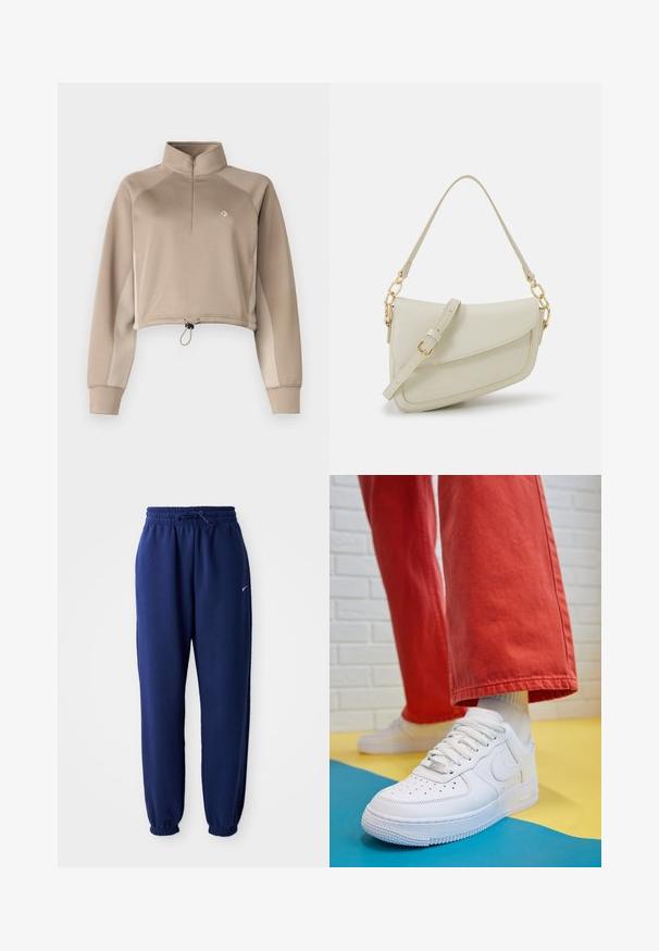 Beige lühike pullover kõrge kaelusega, neljandiku tõmblukuga esiosa ja nööriga äär. Omab pikki varrukaid kontrastsete külgitorudega.; Tumesinine dressipluus, mis on valmistatud pehmest kangast, elastse vöökoha ja nööriga, elastsete mansettide ning väikese valge logoga.; Valge nahast tennis, millel on perforeeritud varvas, tekstureeritud tallad ja valged shoelaces, kombineeritud laia punase pükste ja sinise ning kollase taustaga.; Väike kreemjas käekott tekstureeritud viimistlusega, pikendatav rihm, ketiläbimõõt ja klapiga sulgemine. Kuldsed metalldetailid.; Kuldne rõngassõrmused sileda ja läikiva viimistlusega. Ringikujuline disain, millel on väike post ja selge tagumine külg, et tagada kindel kandmine.