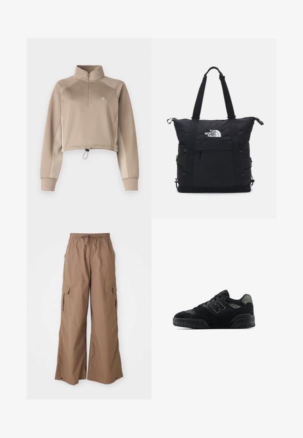 Pulóver recortado beige con un cuello alto, cierre de cuarto de cremallera en el frente y dobladillo con cordón. Cuenta con mangas largas con paneles laterales en contraste.; Pantalones cargo sueltos de color marrón con cintura de cordón y bolsillos laterales con solapa, diseño de pierna ancha, mostrados sobre un fondo blanco.; Zapatilla negra de perfil bajo con suela texturizada, diseño de cordones, paneles de gamuza y acentos con patrón en el talón y el logo lateral.; Bolsa tote negra con un diseño acolchado, cierre superior con cremallera, dos asas cortas y logo en la parte frontal; cuenta con bolsillos laterales y asas ajustables.