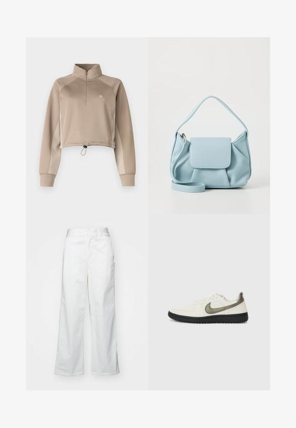 Bežs īsais pulloveris ar augstu apkakli, ceturtdaļas rāvējslēdzēju priekšpusē un stingru apakšmalu. Piedāvā garas piedurknes ar kontrastējošām sānu paneļiem.; Balti platie kājas bikses no kokvilnas, ar gludu tekstūru, taisnu piegriezumu, priekšējām kabatām un tīru apakšmalu.; Nike Sportswear FIELD GENERAL - Treniņu apavi - off-white/black; Gaiši zila ādas rokassoma ar augšējo rokturi, priekšējo vāku kabatu un noņemamu roku siksniņu uz baltas fona.