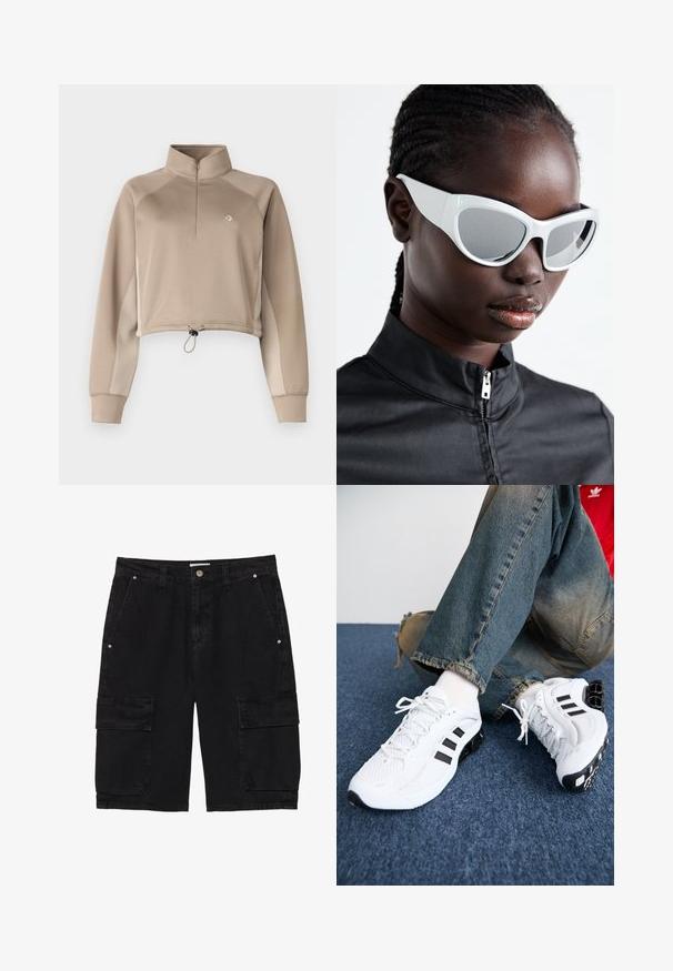 Pulóver recortado beige con un cuello alto, cierre de cuarto de cremallera en el frente y dobladillo con cordón. Cuenta con mangas largas con paneles laterales en contraste.; Pantalones cortos cargo negros hechos de denim, con dos bolsillos laterales y dos bolsillos cargo con solapa en las piernas, con cierre de botón y trabillas para cinturón.; Zapatillas deportivas de malla blanca con acentos en negro, que presentan un diseño texturizado y una suela distintiva, combinadas con jeans de mezclilla azul.; Gafas de sol blancas con un diseño audaz y de gran tamaño, lentes espejados, con montura de plástico suave y curvas acentuadas.; Conjunto de pulseras de metal plateado que cuenta con dos hilos de cuentas redondas alternas con un acabado suave y un cierre magnético.