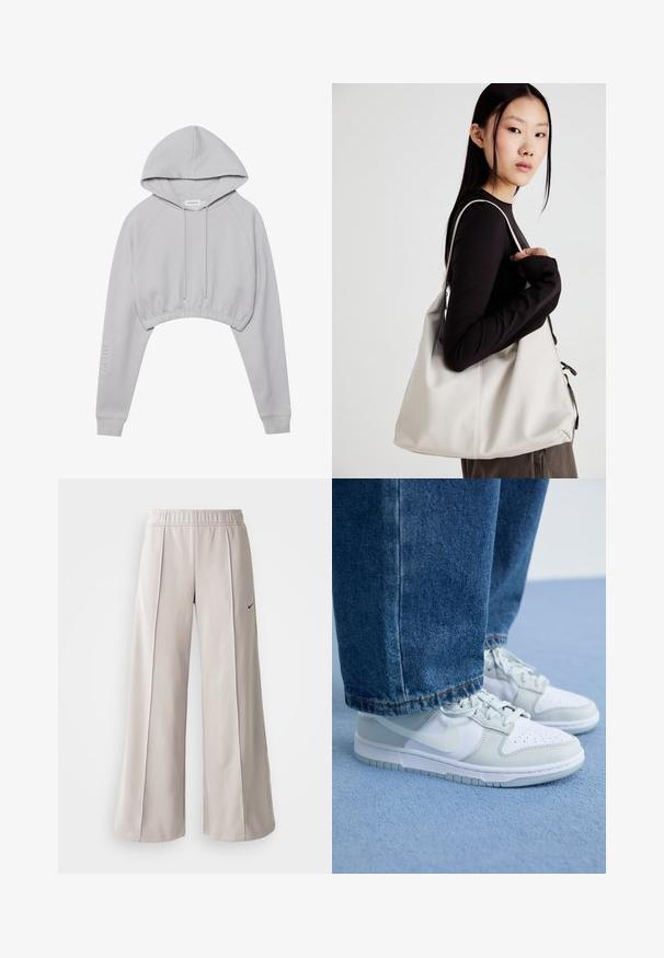 Hanorac scurt gri deschis, cu glugă cu șnur, mâneci raglan, tiv striat și textul „ACTIVE” imprimat pe o mânecă.; Pantaloni largi de culoare gri deschis, confecționați dintr-un material neted. Au o talie elastică și un logo Nike negru pe partea stângă.; Tenisi Nike din piele albă și gri deschis, cu vârful perforat, șireturi plate și talpă din cauciuc, asortați cu blugi din denim albastru.; Geantă bej din material moale, cu un design lejer, detalii cusute și două bretele pentru umăr. Potrivită pentru utilizarea zilnică.