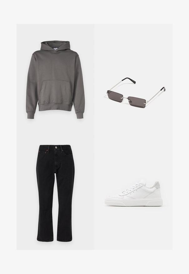 Šedá mikina vyrobená z mäkkej tkaniny; obsahuje klokanie vrecko, nastaviteľnú kapucňu so šnúrkami a ribbené manžety a lem. Hladký povrch.; Čierne denimové džínsy s pravým strihom, päť vrecúškovým štýlom a kovovými detailmi s medenými akcentmi. Hladká textúra a stredný pas.; Biele kožené tenisky s hladkým povrchom, zaoblenou špičkou, plochými šnúrkami a textúrovanou podrážkou. Sivý semišový akcent na päte.; Slnečné okuliare s obdĺžnikovými, tmavosivými sklami, striebornými kovovými rámami a čiernymi plastovými koncami na rúčkach. Ľahký dizajn s nosovými podložkami.