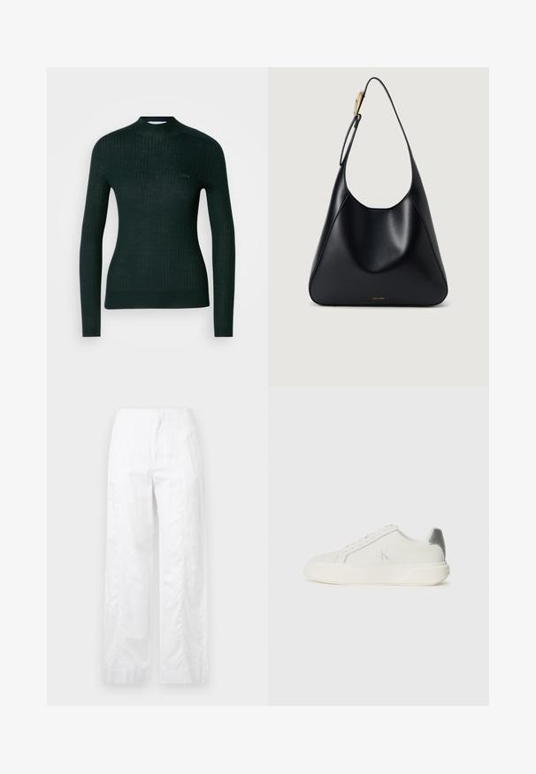 Temnozeleni rebrasti pulover z dolgimi rokavi in čeckim ovratnikom ter majhnim vezenim logotipom na levem prsnem delu.; Bela široka hlače iz lahkega materiala, ki se ponašajo z gladko teksturo, čistimi linijami in visokim pasom.; Belej športni čevelj iz usnja z gladko teksturo, ki ima srebrno akcentacijo na peti, ravno podplato in minimalističen dizajn.; Črna usnjena torba za ramo z gladko teksturo, ukrivljeno silhueto in zlatimi dodatki. Ima vtisnjen logotip blagovne znamke na dnu.