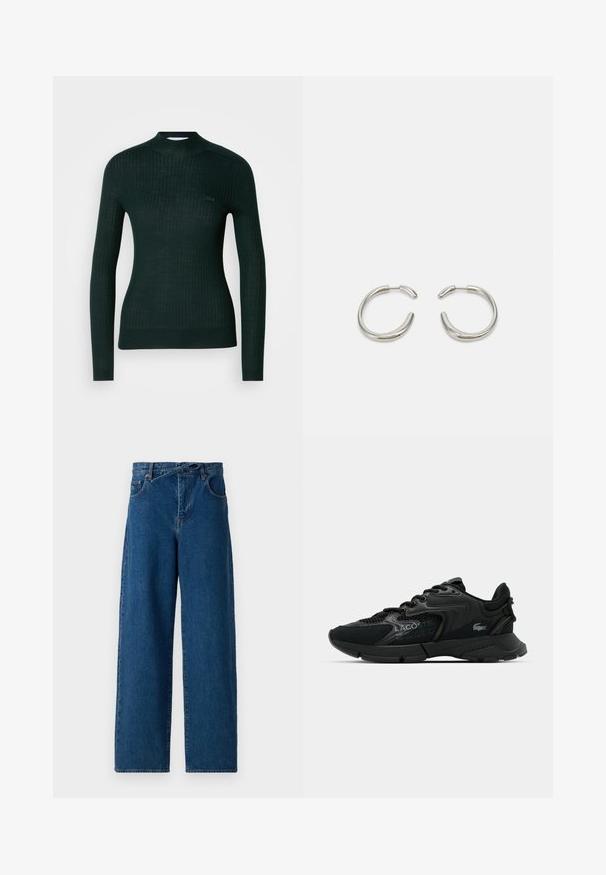 Mørk grønn, ribbestrikket genser med lange ermer og høy hals, samt en liten brodert logo på venstre bryst.; Bredde ben denim jeans i mørkeblå. Høy midje design med beltehemper og frontlommer. Glatt tekstur og klassisk fem-lomme stil.; Svarte treningssko med mesh-overdel, teksturerte detaljer og snøring. Har en polstret krage og gummisåle for grep og holdbarhet.; Sølv hoop øredobber med en glatt, avrundet design og en elegant, polert finish. Har en minimalistsk form med en liten åpning.