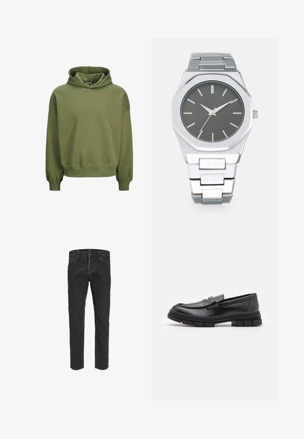 Jack & Jones EINFARBIG - Kapuzenpullover - cypress; Schwarze Jeans aus Denim mit geradem Bein, fünf Taschen und Gürtelschlaufen, mit einer leicht verblassten Textur und Kontrastnähten.; Schwarze Lederloafer mit glatter Oberfläche, ausgestattet mit einem vorderen Riemendetail und einer klobigen Gummisohle mit gerippten Akzenten.; Silberne Analog-Uhr mit achteckigem Gehäuse, grauem Zifferblatt, silbernen Stundenmarkierungen und einem Armband aus Edelstahl. Minimalistisches Design mit glatter Textur.