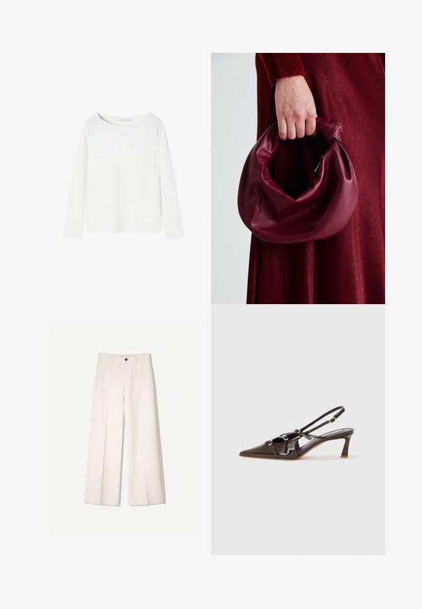 Fehér, hosszú ujjú felső, puha anyagból készült, kerek nyakkivágással, egyszerű designnal és látható minták vagy díszítések nélkül.; Tejbézs széles lábú nadrág, szabott kialakítással, két elülső zsebbel és egyetlen elülső gombos záródással, sima anyagból készült.; Barna lakkbőr slingback sarok, hegyes orral, állítható pántokkal és díszes csatokkal az elején. 7,5 cm sarokmagasság.; Burgundi bőrtáska puhán ráncolt dizájnnal és kerek alakban. A fogantyú rögzítve van, sima textúrával rendelkezik.