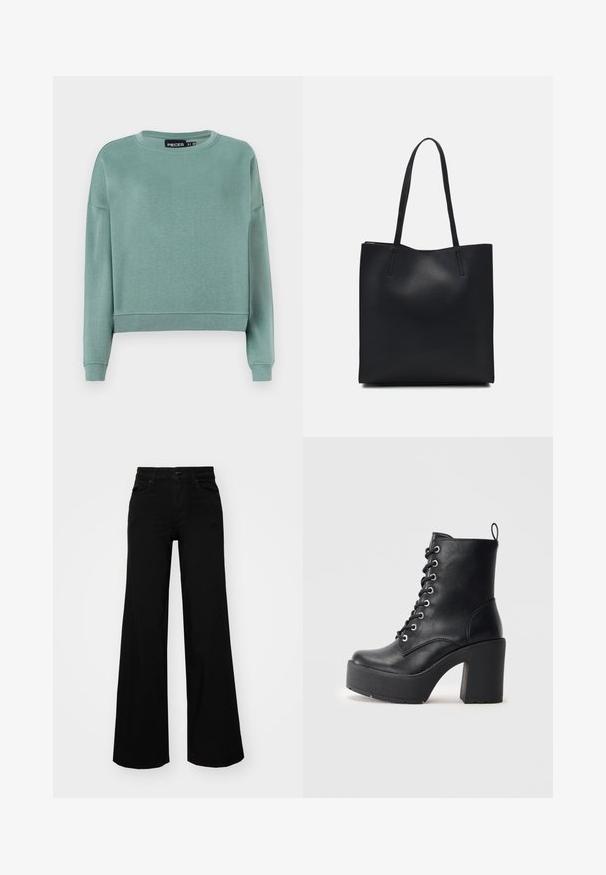 Sweatshirt corto verde chiaro realizzato in tessuto morbido, con scollatura rotonda e maniche lunghe con polsini a costine, senza motivi visibili.; Pantaloni neri a gamba larga in denim, con una vita strutturata, passanti per la cintura e tasche frontali. Texture liscia con un design classico.; Stivale alla caviglia in pelle nera con tacco alto e massiccio, parte anteriore con lacci e superficie texturizzata. Presenta un'etichetta sul retro per una facile calzata.; Borsa tote in pelle nera con texture liscia, forma rettangolare e due manici lunghi. Nessun hardware o decorazione visibile.