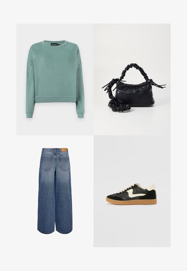 Sudadera recortada de color verde claro hecha de una tela suave, con cuello redondo y mangas largas con puños acanalados, sin patrones visibles.; Pantalones culotte de denim de pierna ancha en un lavado azul medio con una textura desgastada, que presentan dos bolsillos traseros y una etiqueta de marca de cuero marrón en la cintura.; Zapatillas de deporte de ante y cuero negro con un swoosh lateral en crema y un talón en crema claro. Presenta cordones beige y una suela de goma marrón.; Bolso de mano de imitación cuero negro con textura de cocodrilo, parte superior fruncida y correa arrugada. Presenta un diseño suave y compacto.