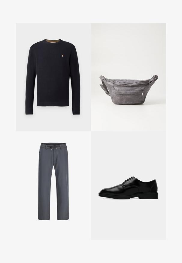 Marineblå strikkegenser med rund hals, ribbestrikkede mansjetter, og et lite emblem på brystet. Teksturert stoff med et subtilt mønster.; Grå bukser med elastisk midjebånd og snor. Rett ben-design, laget av glatt stoff, med minimalt søm og uten synlig utstyr.; Sorte lærdressko med en glatt overflate, rund tå, snøring og en diskret gummisåle for godt feste.; Grå semsket fanny pack med avrundet form, to glidelåslommer og justerbar stropp. Har metallbeslag som detaljer.