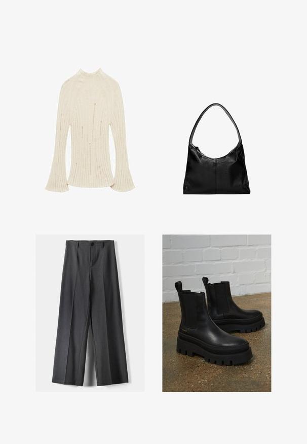 Maglietta a maniche lunghe, color avorio, a costine con un collo alto e polsini svasati. Realizzata in tessuto testurizzato con leggere variazioni di tonalità.; Pantaloni a gamba larga in tessuto grigio scuro, dotati di chiusura con bottone, pieghe frontali e passanti per cintura. Texture liscia con un design su misura.; Stivaletti neri in pelle con pannelli laterali elastici, suole in piuma nera spessa e dettagli di cucitura, dotati di una linguetta per una facile calzata.; Borsa a spalla in pelle nera con una texture liscia, una parte superiore curva e una sola tracolla. Presenta una chiusura con zip e un design minimalista.