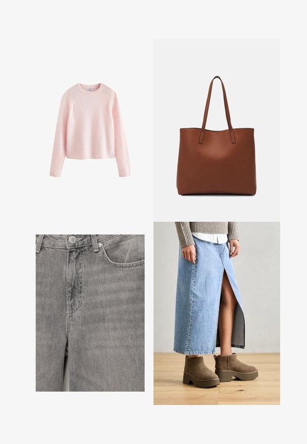 Next - Sweter; Szare dżinsy o gładkiej teksturze, z przednim zapięciem na guziki i suwak, kieszeniami bocznymi oraz subtelnymi detalami w przeszyciach.; Jasnoniebieska maxi spódnica dżinsowa z przednim rozcięciem, zestawiona z brązowymi zamszowymi botkami za kostkę z grubymi podeszwami i zaokrąglonymi noskami.; Brązowa skórzana torba tote o gładkiej fakturze, z otwartym wierzchem i dwoma ramiączkami. Charakteryzuje się minimalnym przeszyciem i brakiem widocznych elementów metalowych.