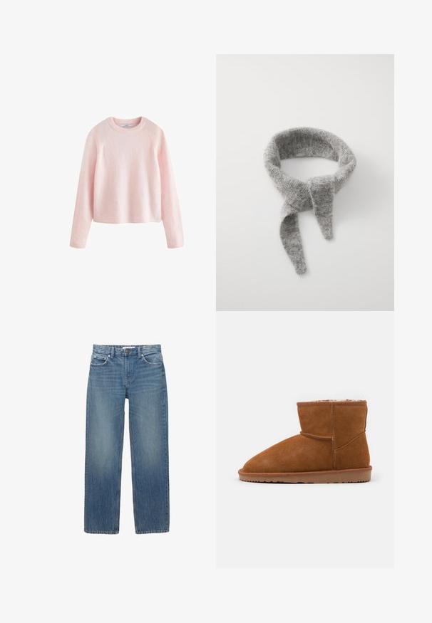 Next SOFT TOUCH CREW NECK - Strickpullover - pink blush; Hellblaue Jeans aus Denim mit geradem Schnitt, fünf Taschen und Beschlägen in Kupferfarbe. Der Stoff hat eine leichte Ausbleichung und eine glatte Textur.; Braunes Wildleder Stiefeletten mit runder Zehenpartie und weicher Innenausstattung, ausgestattet mit einer flachen Gummisohle und minimalen Nähdetails.; Samsøe Samsøe DIAMOND SCARF - Schal - grey melange