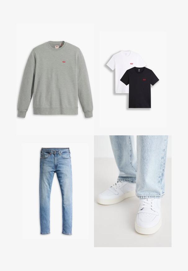 Grijze sweatshirt gemaakt van zacht katoen. Heeft een ronde hals en lange mouwen. Toont een klein rood Levi's logo op de borst.; Twee t-shirts met korte mouwen: één wit en één zwart. Beide gemaakt van katoen met een rood Levi's logo op de borst. Eenvoudig ontwerp met ronde hals.; Lichtblauwe denim jeans met een rechte snit, vijf zakken, knoopsluiting en subtiele vervaging over de stof.; Witte leren lage sneakers met geperforeerde neus, platte veters en een minimalistisch ontwerp. Gecombineerd met lichtblauwe denim jeans.