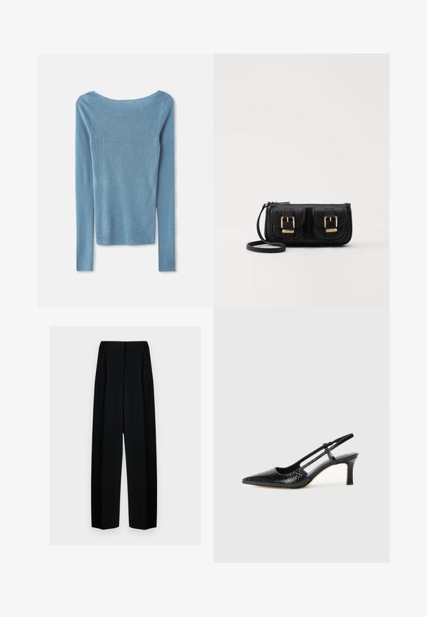 Vaaleansininen pitkähihainen toppi, joka on valmistettu pehmeästä neulekankaasta. Topilla on leveä pääntie ja muodikas istuvuus. Selkäpuolella on vain minimaalisesti saumoja.; Mustat leveät housut korkealla vyötäröllä, joissa on laskokset ja sileä pinta. Kangas näyttää kevyeltä ja laskeutuu kauniisti.; Musta patent slingback-kiilakorko teräväkärkisellä muotoilulla, jossa on teksturoitu käärmeennahkakuosi, säädettävä remmi ja lyhyt, teksturoitu blokkiheel.; Musta nahkainen olkalaukku, jossa on kaksi etutaskua, kultaiset soljet, vetoketjukiinnitys ja kapea hihna. Teksturoidun pinnan ja kompaktin suorakaiteen muoto.