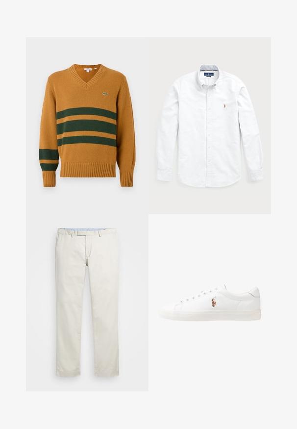 Musztardowa żółta sweter w serek z ciemnozielonymi poziomymi pasek na klatce piersiowej i lewym rękawie, z małym logo krokodyla na klatce piersiowej.; Biała koszula z długim rękawem, zapinana na guziki, wykonana z bawełny. Posiada kołnierz typu spread, zapięcie na guziki oraz małe haftowane logo na piersi.; Beżowe bawełniane chinosy z płaskim przodem, szlufkami na pasek i bocznymi kieszeniami. Prosty krój z gładką fakturą i lekkim, przewiewnym uczuciem.; Białe skórzane sneakersy, niskoprofilowy design, charakteryzujące się gładką fakturą, okrągłym noskiem, sznurowanym przodem i małym haftowanym logo z boku.