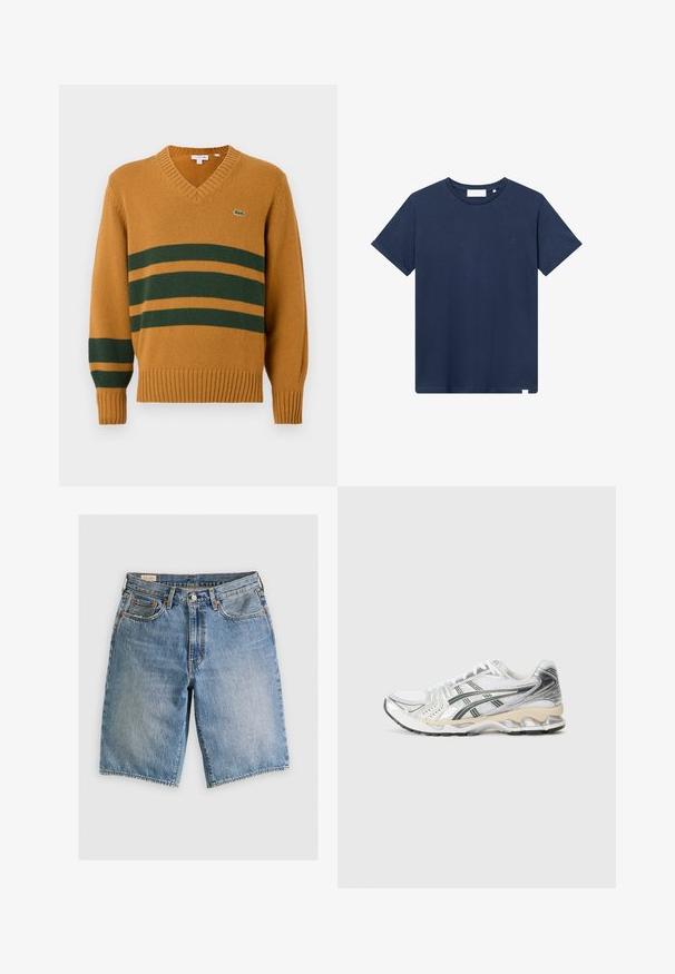 Sinepju dzeltena V-veida kakla džemperis ar tumši zaļām horizontālām svītrām pāri krūtīm un kreisajai piedurknei, ar mazu krokodila logo uz krūtīm.; Tumši zila kokvilnas T-kreklu ar apaļu izgriezumu, īsām piedurknēm un mazu izšūtu logo kreisajā krūtī. Gluda tekstūra.; Gaiši zili džinsu šorti ar klasisku piegriezumu. Iespējas piecas kabatas, oranžs vīlējums un neapstrādāti maliņas.; Balti sporta apavi ar sudraba un melniem akcentiem, acs auduma augšdaļa, strukturēts dizains, mīkstināta zole un elastīga protektora zīmējums.