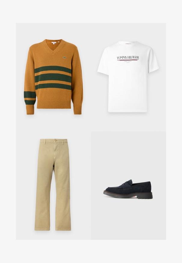 Sennepsgul V-hals genser med mørkegrønne horisontale striper over brystet og venstre erme, med en liten krokodille-logo på brystet.; Hvit bomulls t-skjorte med "TOMMY HILFIGER" logo i svart med en rød aksentlinje, rund halsing og korte ermer.; Lys beige chinos med rett ben-design. Laget av mykt bomullsstoff, med knappelukking foran og sidelommer.; Marineblå semskede loafers med rund tå, dekorativ stikning og gummisål med en let hævning. Holdbart materiale og design.