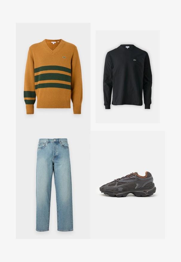 Maglione giallo senape a V con strisce orizzontali verde scuro sul petto e sulla manica sinistra, caratterizzato da un piccolo logo di coccodrillo sul petto.; T-shirt a maniche lunghe nera in cotone, con scollatura rotonda e un piccolo logo di coccodrillo ricamato in verde sul lato sinistro del petto.; Jeans di denim azzurro chiaro con una vestibilità ampia, gambe dritte, design a cinque tasche e chiusura con bottone in vita. Dettagli di cucitura minimalista.; Sneaker Lacoste grigie scure in materiale mesh e sintetico, con suola testurizzata e dettagli marroni sul colletto e sul branding.