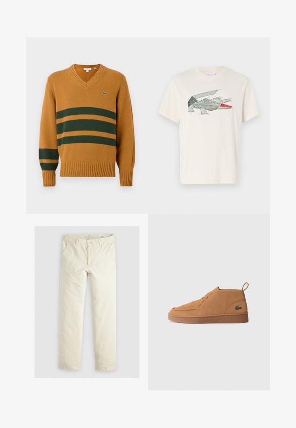 Senfgelbes V-Ausschnitt-Sweatshirt mit dunkelgrünen horizontalen Streifen über der Brust und dem linken Ärmel, mit einem kleinen Krokodil-Logo auf der Brust.; Cremfarbendes T-Shirt aus Baumwolle mit einem grünen und roten abstrakten Stickdesign. Kurze Ärmel und runder Ausschnitt.; Helle beigefarbene, lässig geschnittene Hose mit drei Taschen, Gürtelschlaufen und geradem Bein. Hergestellt aus einem weichen Baumwoll-Mix.; Braune Wildleder-Schnürstiefelette mit Gummisohle und Zuglasche, die ein charakteristisches Krokodil-Logo an der Seite aufweist.