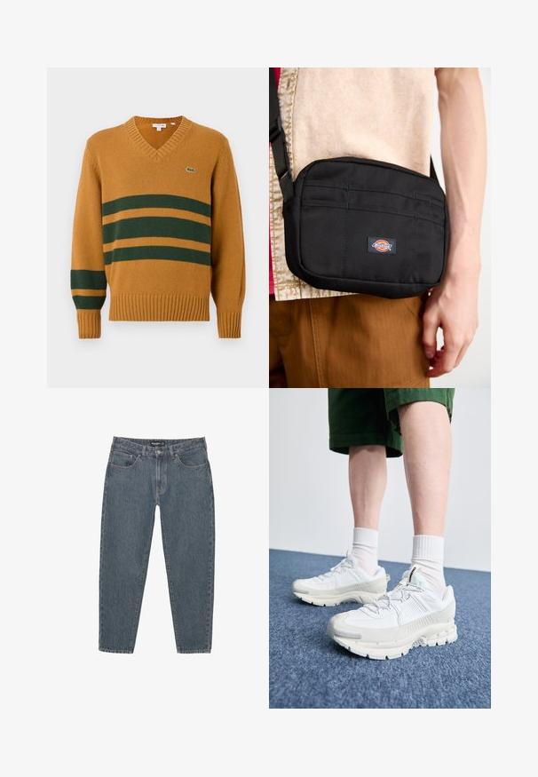 Sininen V-pääntie villapaita tummanvihreillä vaakaraitoilla rinnassa ja vasemmassa hihassa, jossa on pieni krokotiili-logo rinnassa.; Tummansiniset farkut rentoa istuvuutta, viisi-taskista muotoilua, napitus ja hieman kuluneet lahkeensuukkeet. Kestävä materiaali, jossa on hienovarainen tekstuuri.; Valkoiset urheilukengät, joissa on tekstuuriset päällysteet, paksu pohja ja harmaat yksityiskohdat. Yhdistetty valkoisiin putkisukkiin ja vihreisiin shortseihin sinisellä pinnalla.; Mustakankainen, suorakulmainen ristilaukku, jossa on näyttävä logotarra ja useita etutaskuja säilytystä varten.