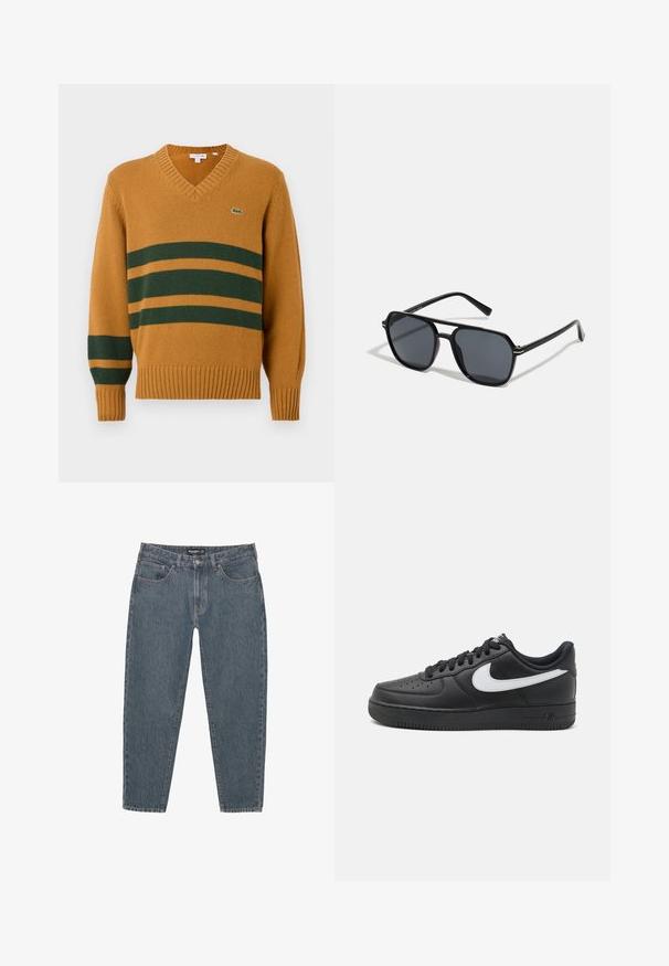 Gorčično rumena pulover s V-izrezom in temno zelenimi vodoravnimi črtami čez prsni del in levo rokav, na prsih pa ima majhen krokodilov logotip.; Temno modri traper hlače z sproščenim krojem, petimi žepi, gumbom za zapiranje in rahlo strganim robom. Trpežen material z rahlo teksturo.; Črne Nike Air Force 1 športne copate z gladkim usnjenim zgornjim delom, belim logotipom, perforiranim prstnim delom in teksturiranim gumijastim podplatom.; Črne sončne naočniki z oktagonalnim okvirjem, temnimi lečami, sijočo površino, tankimi nogicami in zlatimi detajli spredaj.