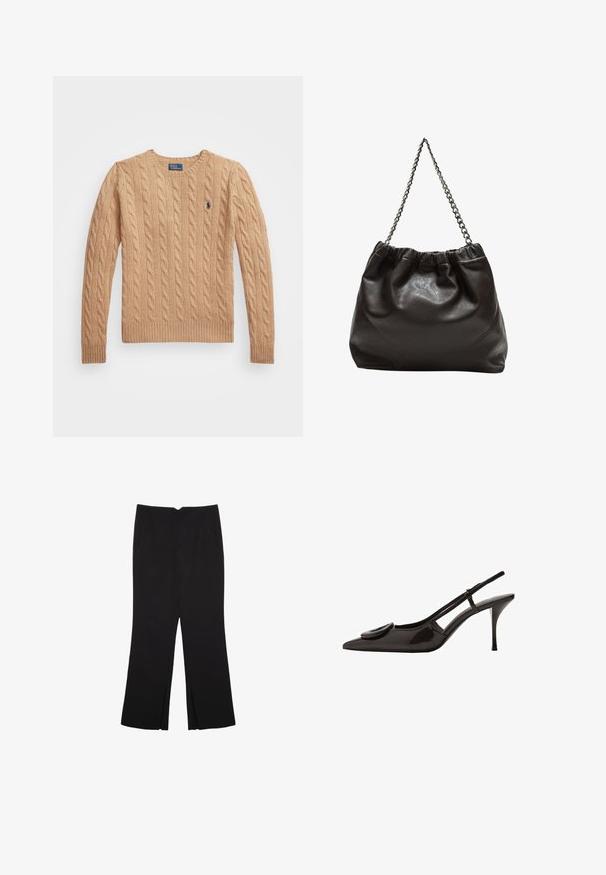 Beige Kabelstrickpullover mit Rundhalsausschnitt, gerippten Bündchen und Saum sowie einem kleinen Logo auf der linken Brust. Weiches, strukturiertes Material.; Schwarze Hose mit geradem Schnitt, ausgestattet mit Fronttaschen und Seitenschlitzen am Saum. Hergestellt aus weichem, glattem Stoff. Geeignet für verschiedene Anlässe.; Schwarzer Lackleder-Slingback-Schuh mit spitzem Zehenbereich, minimalistischem Design, kleinem kreisförmigem Akzent auf dem Schuhoberteil und schlankem Absatz.; Braune Lederhandtasche mit gerafftem Oberteil und Kettenriemen. Glatte Textur mit glänzendem Finish und subtilen Nahtdetails an den Seiten.