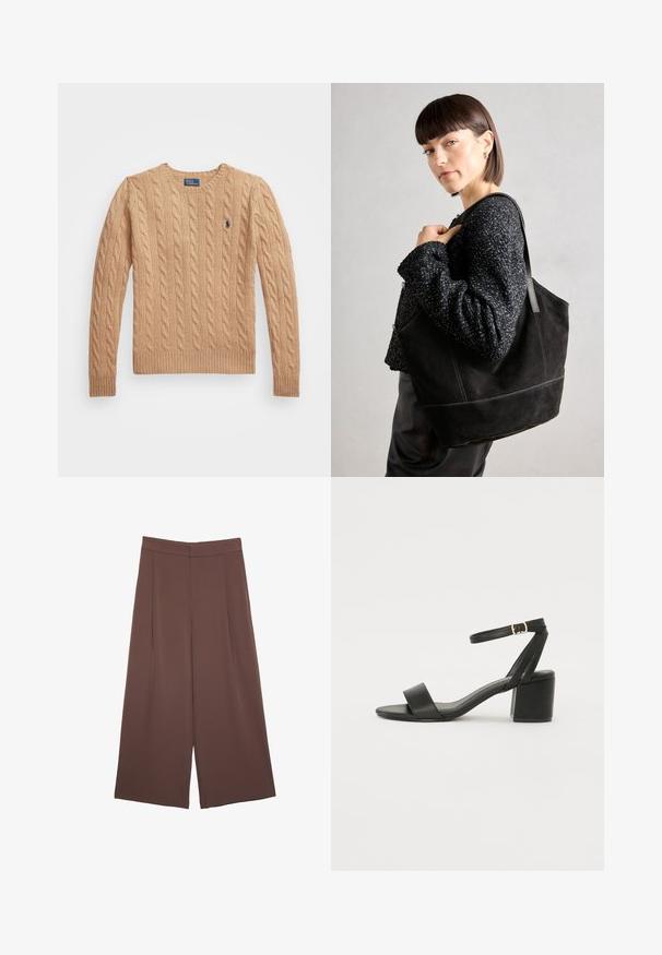 Beige cable-knit sweater with a crew neckline, ribbed cuffs and hem, and a small logo on the left chest. Soft, textured fabric.; Brown wide-leg trousers with a smooth texture, featuring a high waist and front pleats. The fabric is lightweight and flows loosely.; Black heeled sandal featuring a smooth leather upper, an open toe, wide front straps, and adjustable ankle strap with a gold buckle detail.; Black suede tote bag with a smooth texture, structured shape, and contrasting stitching. Features long straps for shoulder carry.
