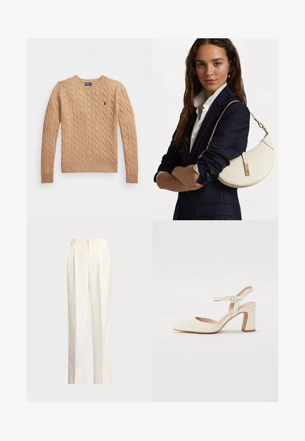 Beżowy sweter z dzianiny o plecionce, z okrągłym dekoltem, prążkowanymi mankietami i dołem oraz małym logo na lewej piersi. Miękka, teksturowana tkanina.; Polo Ralph Lauren - Spodnie materiałowe; Czółenka w kolorze kremowym z szpiczastym noskiem i blokowym obcasem. Zawierają cienki pasek na kostkę z okrągłą klamrą oraz gładką skórzaną fakturę.; Biała skórzana torebka o zakrzywionym kształcie, ze złotymi akcentami i strukturalnym wykończeniem, noszona na ciemnej marynarce i białej koszuli.