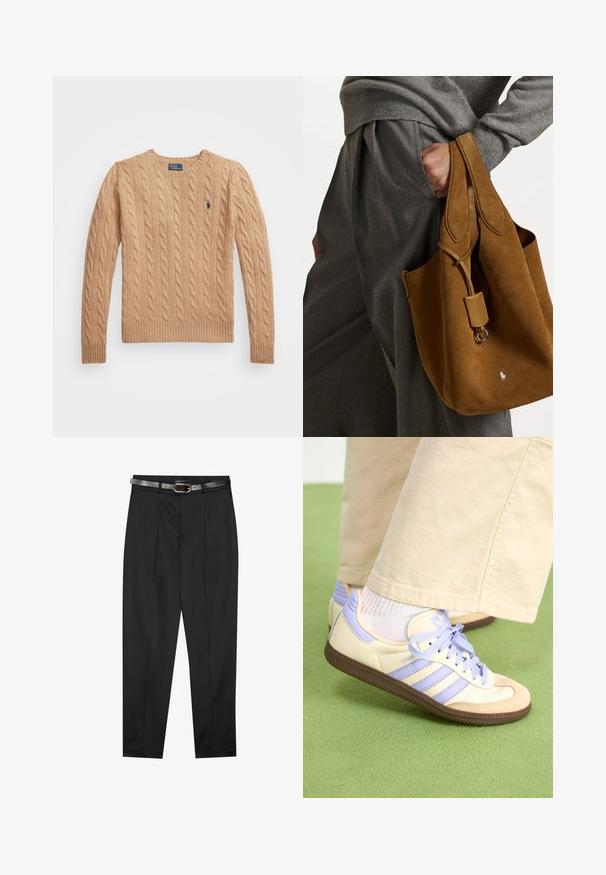 Beige kabelstickad tröja med rundad halsringning, ribbade ärmslut och nedkant, samt en liten logo på vänster bröst. Mjuk, strukturerad tyg.; Svarta byxor i ett mjukt tyg, med en åtsittande midja och ett strukturerat grått bälte med en guldbuckle. Lätt avsmalnande ben.; Krämfärgade och lavendelfärgade sneakers med tre ränder och en texturerad brun sula, med snören och en vadderad häl. Mjuk tygobero.; Brun mocka toteväska med rund form, dubbla handtag och en metallutsmyckning. Har en liten logotyp på framsidan.