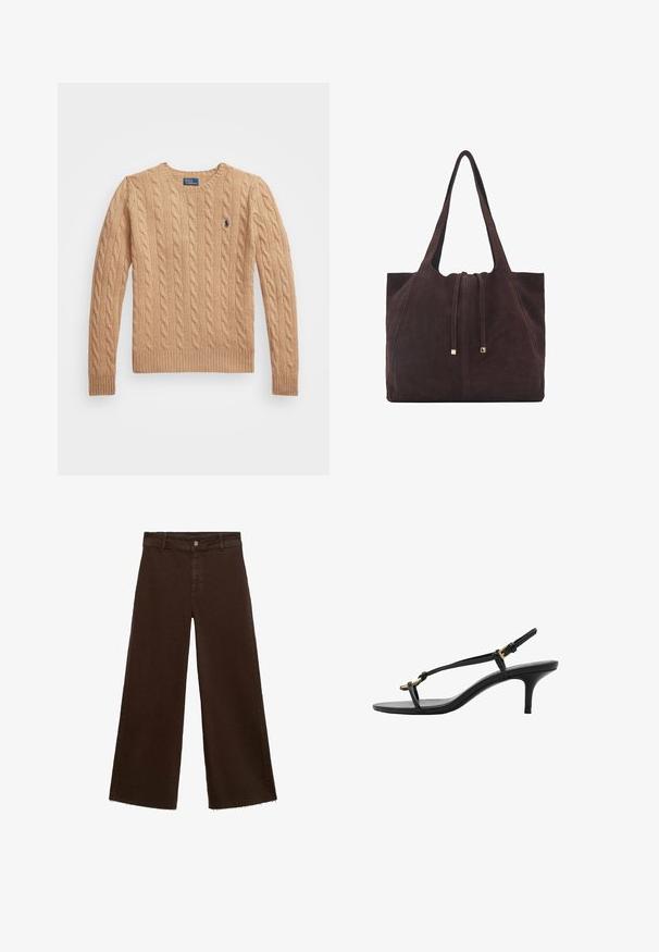 Beige svetr s kabelovým pletením s kulatým výstřihem, pruhem na manžetách a spodním lemu, a malým logem na levé hrudi. Měkká, texturovaná tkanina.; Hnědé kalhoty širokého střihu z bavlněné směsi, s třepicí na lemu, předním zapínáním na knoflík a klasickým designem pěti kapes. Minimalistické a univerzální.; Černé kožené sandály na kotníkovém podpatku s tenkými pásky, zlatou sponou a minimalistickým provlečením na prstech na bílém pozadí.; Mango Velká kabelka - dark brown