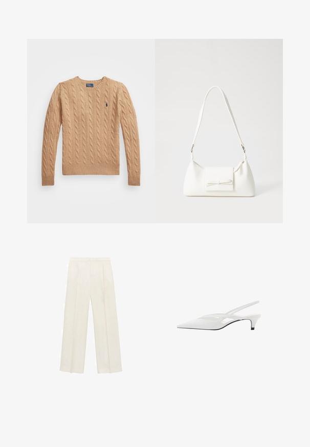 Beige cable-knit sweater with a crew neckline, ribbed cuffs and hem, and a small logo on the left chest. Soft, textured fabric.; Wide-legged trousers in a light cream color. Made from a smooth fabric with pleats at the front and side pockets.; White slingback heel with pointed toe, featuring a smooth upper, subtle cutouts, and a low block heel. Black sole accentuates design.; White synthetic handbag with a triangular shape, flat front flap and bow detail, adjustable strap, smooth texture, and minimalistic design.