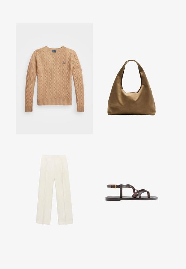 Bežani džemper s pletenom teksturom, okruglim izrezom, rebrastim manžetama i rubom, te malim logotipom na lijevoj strani prsa. Mekana, teksturirana tkanina.; Hlače širokog kroja u svijetloj krem boji. Izrađene su od glatkog materijala s plisama sprijeda i bočnim džepovima.; Smeđe kožne sandale s iskrižanim trakama, umetkom za zapešće s kopčanjem i ravnim potplatom s minimalnim detaljima šivanja.; Smeđa platnena torba za rame s širokim, zaobljenim tijelom i velikim izrezanim drškom. Mekana tekstura, minimalistički dizajn i bez vidljivog hardvera.