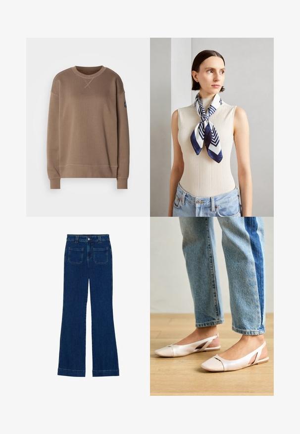 Brown fleece sweatshirt with long sleeves, round neckline, and subtle stitching details. Features a small branded label on the left sleeve.; Denim flared jeans in dark blue with a smooth texture, five-pocket design, and a button closure at the waist.; Pale pink slingback flats with a pointed toe, made from a smooth leather-like material. Features cut-out details at the sides and a flat heel.; Silk scarf in navy blue and white with a geometric zigzag pattern. Smooth texture, tied neatly around the neck, complementing a ribbed top.