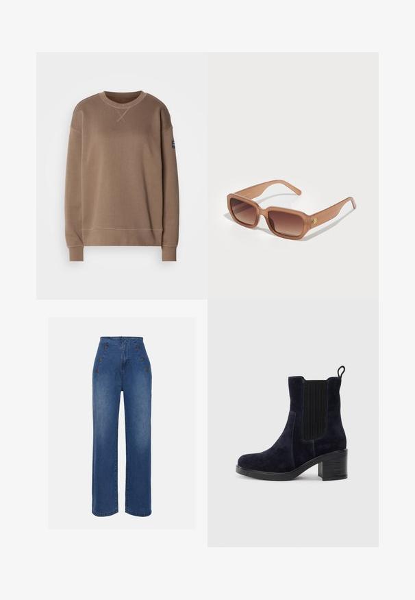 Hnědý fleece svetr s dlouhými rukávy, kulatým výstřihem a jemnými detaily šití. Na levém rukávu je umístěna malá značka.; Džínové kalhoty s vysokým pasem v středně modré barvě. Obsahují dekorativní přední knoflíky a široké nohavice. Materiál má hladkou texturu s mírným vyblednutím.; Námorně modré semišové kotníkové boty s elastickým bočním panelem, kulatou špičkou a blokovým podpatkem. Texturovaná tkanina a hladká podrážka vytvářejí kontrast.; Hnědé obdélníkové sluneční brýle s gradientovými skly, silnými rámy a logem na bocích. Hladký plastový materiál, minimalistický design.; Hnědá semišová taška přes rameno s koženými akcenty, která má dvě uchy, odnímatelný ramenní popruh a jednoduchý, strukturovaný design.